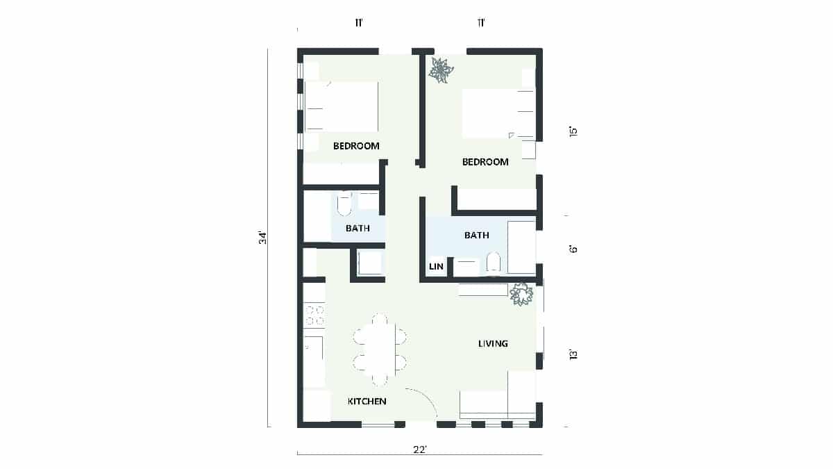 748 sq ft floor plan ADU with 2 bedrooms and 2 bathrooms, designed for optimal living space.