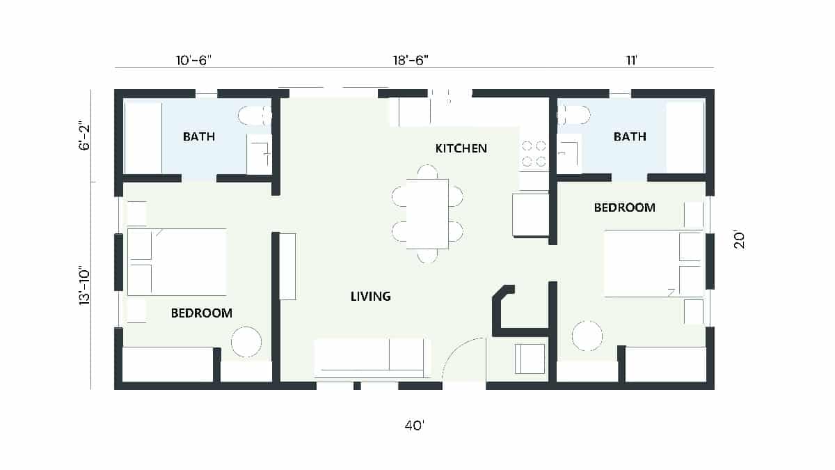 Detailed 2D floor plan of an 800 sq ft ADU including 2 bedrooms, 2 bathrooms, a kitchen, and a living room.